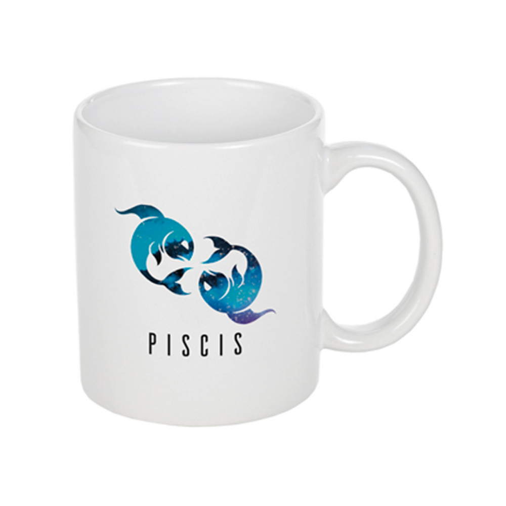Taza - jarra - de cerámica color blanco con símbolo del zodiaco Piscis