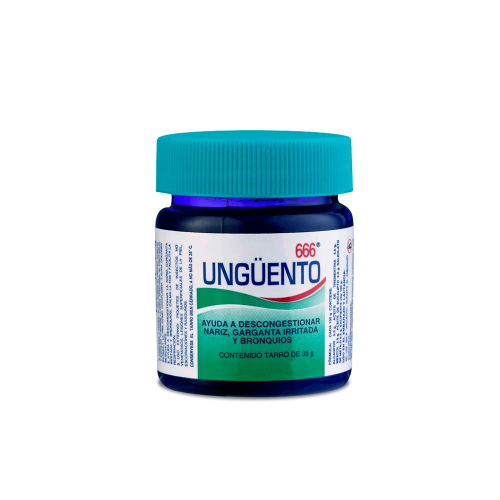 Ungüento 666. Alcanfor 5.5 g + Aceite de trementina 4.0 g + Mentol 2.8 g + Aceite de eucalipto 2.0 g + Salicilato de metilo 0.5 g. (35 g)