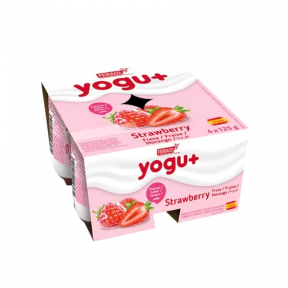 Yogur pasteurizado sabor a fresa Yogu+ Feiraco (4 x 125 g / 4.40 oz)