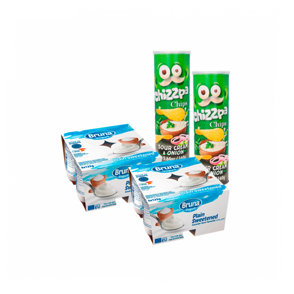 Yogurt pasteurizado  natural azucarado Bruna  + Papas fritas crujientes sabor crema agria y cebolla