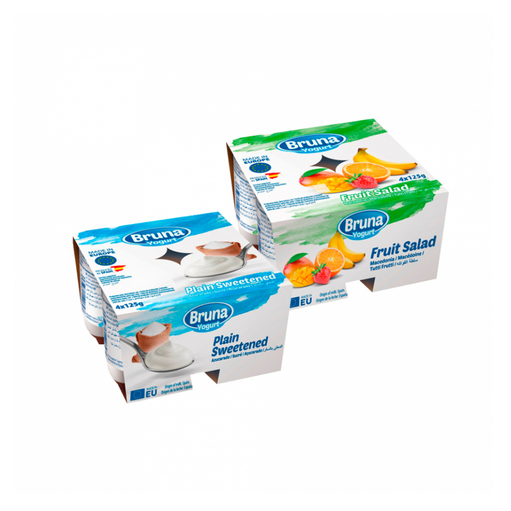 Yogurt pasteurizado natural azucarado + Yogurt pasteurizado sabor a macedonia