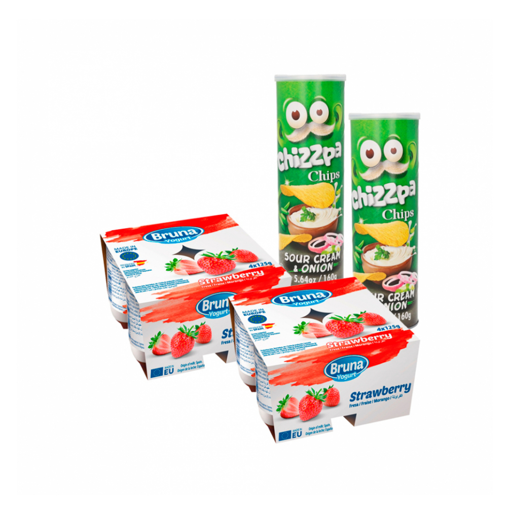 Yogurt pasteurizado sabor a fresa Bruna + Papas fritas crujientes sabor crema agria y cebolla Chizzpa