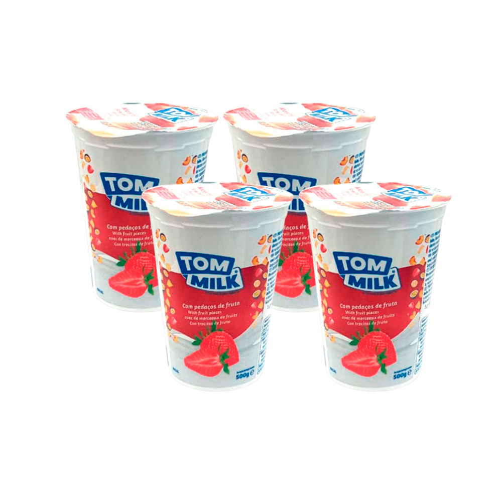 Yogurt pasteurizado sabor fresa con trocitos de frutas Tom Milk (4 x 500 g / 1.10 lb)