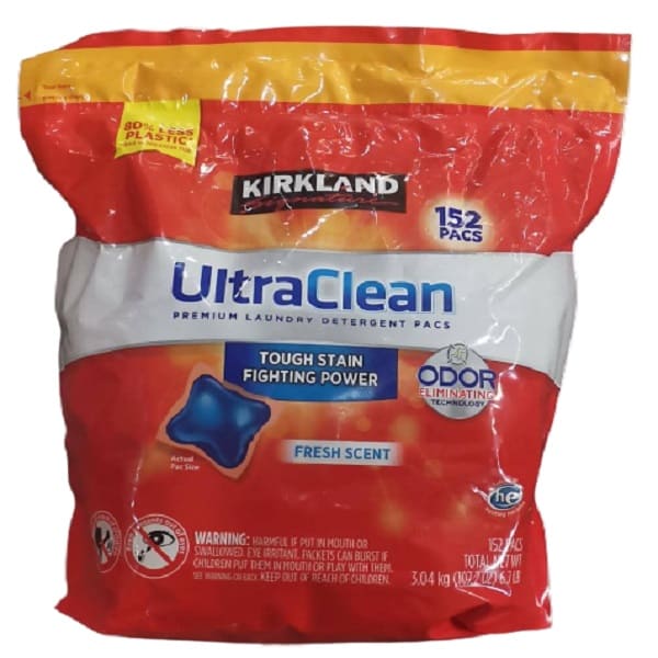 Kirkland Signature Ultra Clean Bolsa de plástico de detergente premium para lavanderia, Tough Stain Fighting Power 152 und